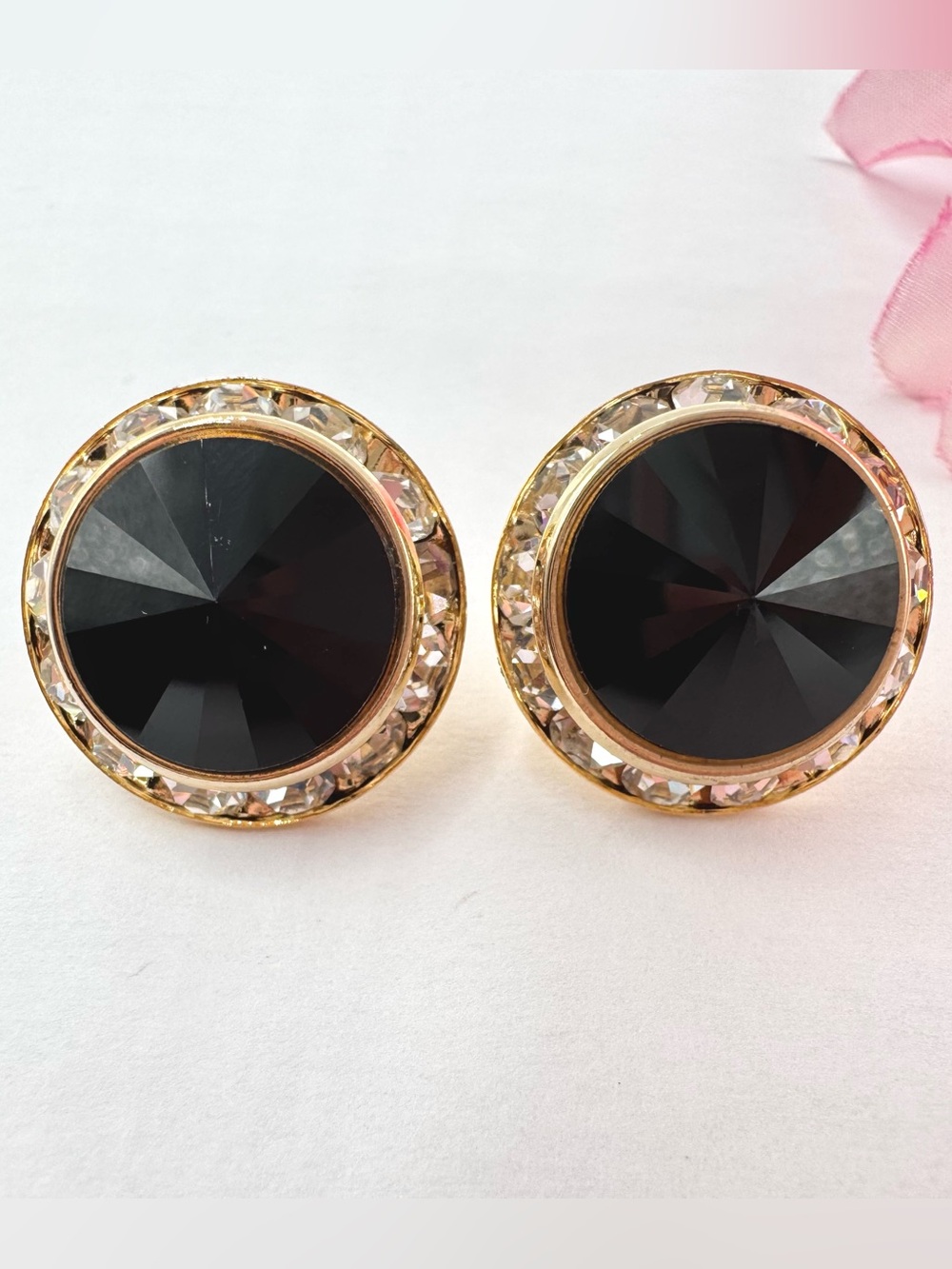 Vintage Black Rivoli Crystal Headlight Halo Stud Earrings Glam Goth Night Out